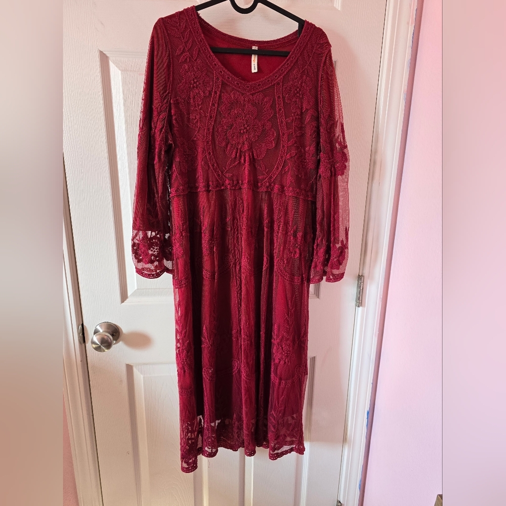 Orange Creek Maroon Red Lace Dress with Floral Embellishments Medium
